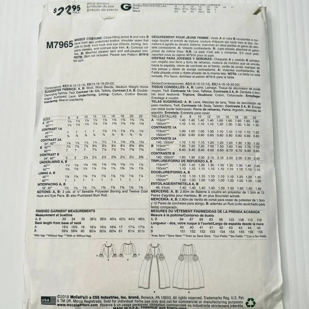 McCalls Renaissance Dress Historical Costume Sewing Pattern M7965 Sz 6-14 UNCUT